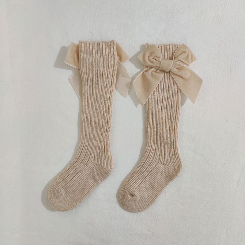 freundlicher Spanisch Socken für Frühling Herbst groß Bowknot Wolle Baby Socken Reine Ebene Farbe Mitte-zu-hohe kleinkind Mädchen Socken: Beige / S (0-1Jahre)