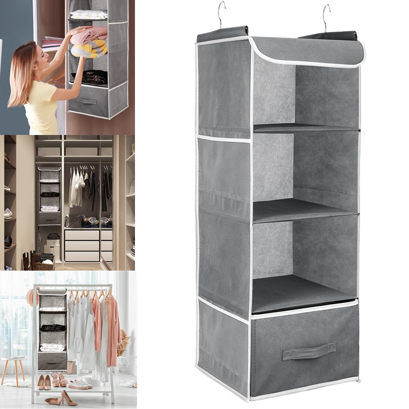 Hanging Closet Organizer Multi-layers Hanging Shelf Collapsible Closet Organizer with Side Pocket Underwear T-shirt Storage Box