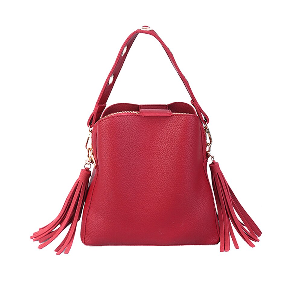 Women Tassel Shoulder Bags Handbag Scrub Bucket Bags Crossbody Bag: Red