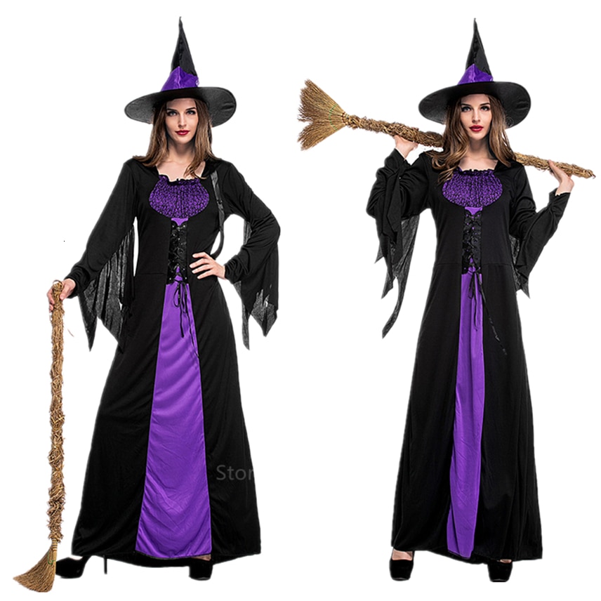 Halloween Heks Vampier Kostuums Voor Vrouwen Volwassen Enge Paars Carnaval Party Prestaties Drama Maskerade Kleding Met Hoed