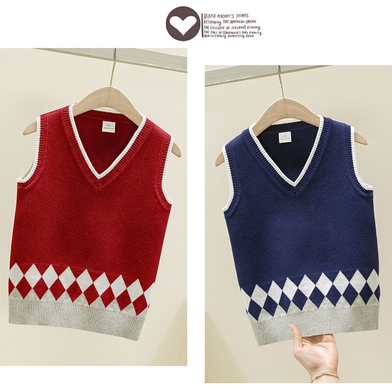Geometric Rhombus Knit Vest for Big Boys Autumn Preppy Style School Uniform Baby Girls Sleeveless Outerwear Knitted Sweater