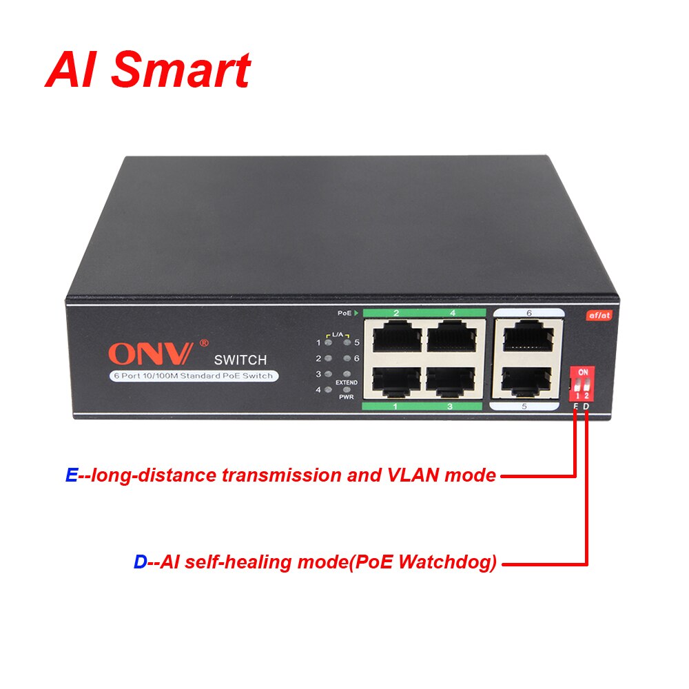 ONV Unmanaged 10/100M 6-port AI PoE switch IEEE 802.3af/at VLAN 250m Transmission AI Self-healing Watch Dog for POE Camera