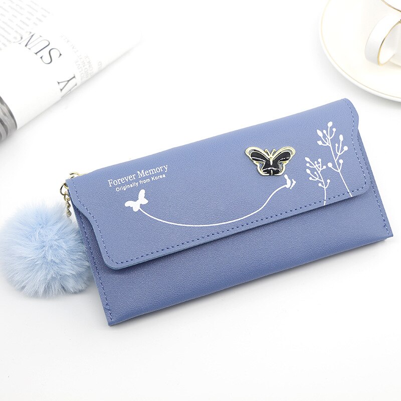 Modieuze Vrouwen Lange Portefeuilles Pure Kleur Wol Boog Clutch Bag Card Bag Coin Purse Standard Wallets Pu Solid Polyester: Blue