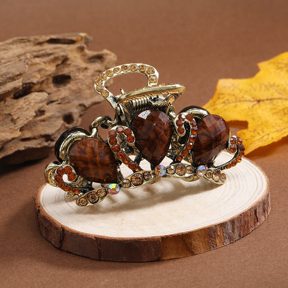 Retro metal hårklo antik bronze rhinestone hårspænde kvinder piger hår tilbehør smykker: Brun