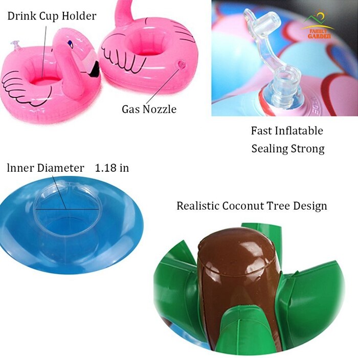Uppblåsbara dryckeshållare 9 paket flytande koppunderlägg för poolfest och badleksaker för barn sjöjungfru, svan, flamingo, krabba, ananas