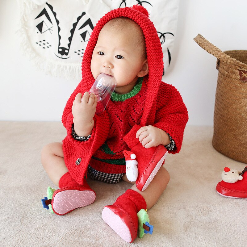 Winter Born Baby Christmas Socks Rubber Soles Skid Resistant Indoor Socks Warm Thick Toddler Girl Sock Shoes Year