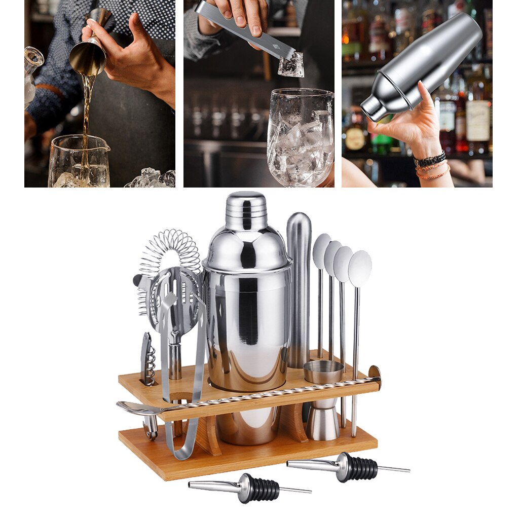 Oak & Steel 13-Piece Martini Cocktail Shaker Set With Wooden Stand & Recipe Book