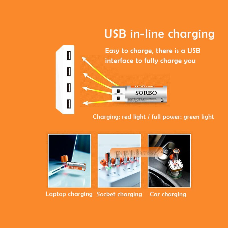 2 STUKS SORBO 1.5V 1200mAh USB Oplaadbare 1 Uur Snel Opladen AA Li-po Batterij