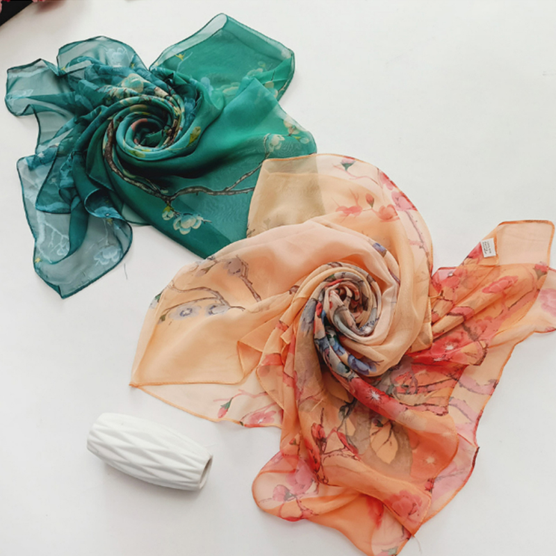Mode Zon Zijden Sjaal Vrouwen Bloem Georgette Bandana Elegante Zee Strand Shawl Soft Hijab Lange Dunne Zijden Sjaal