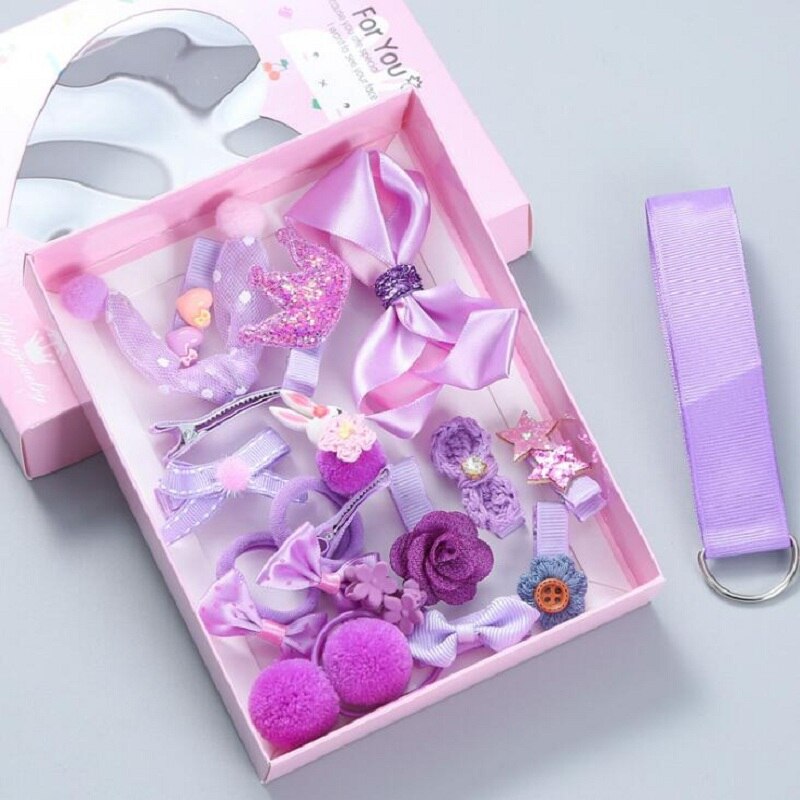18 st baby hårklämma söt tecknad glitter kanin prinsessa krona hårspänne huvudbonad band rosett hårnålar blomma håraccessoarer: Lila-låda