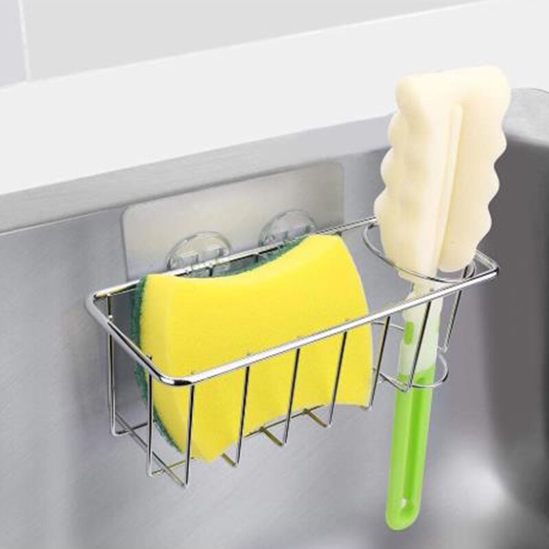 Självhäftande diskbänk caddy svamphållare + borsthållare 2- i -1 premium rostfritt stål diskbänk caddy svamphållare