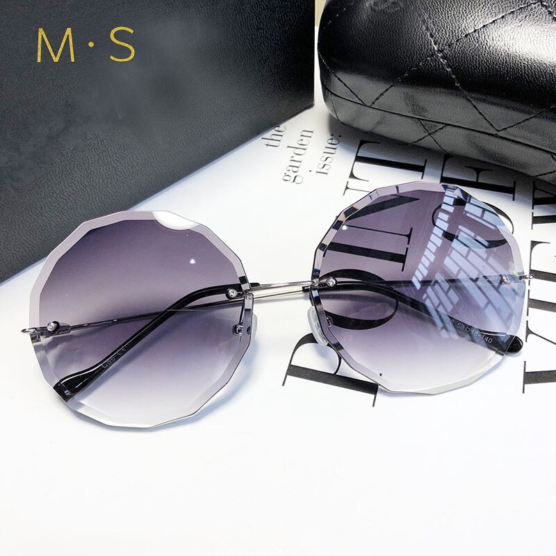 round sunglasses women oversized eyewear gradient brown pink rimless sun glasses for female uv400: C04