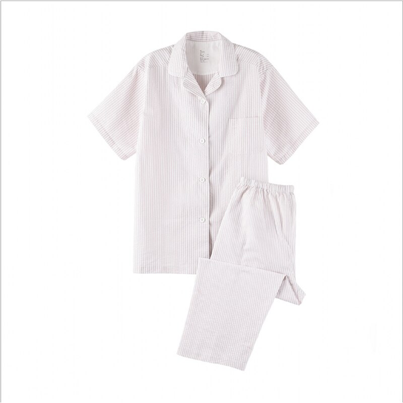 Conjunto de pijama a rayas para hombre, ropa de dormir informal de verano, 100% algodón, cárdigan con cuello vuelto, camisa y pantalones a media pierna