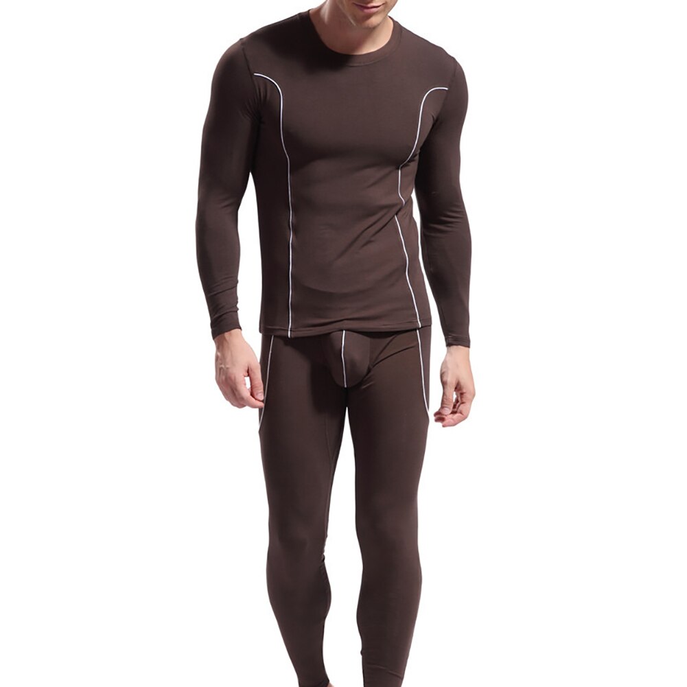 Men Stripe Pattern Long Sleeve Thermal Underwear Slim Top Pants Sets for Men Winter Clothing Men: Coffee / M