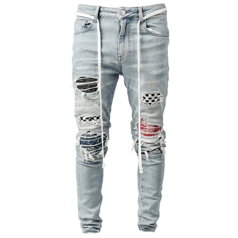 Pantalones vaqueros rasgados para hombre, pitillos ajustados con agujeros para motocicleta, Jeans Retro de retales para Calle