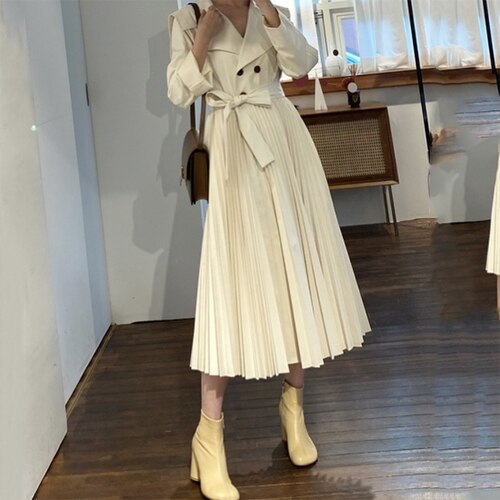 Trench-Coat plissé Double boutonnage pour femme, manteau Long Vintage, Style anglais, coupe-vent féminin avec ceinture: WHITE / M