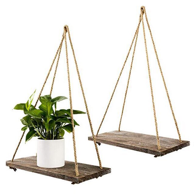 Premium Hout Swing Opknoping Touw Wandmontage Drijvende Planken Plant Bloem Pot Indoor Outdoor Decoratie Eenvoudig