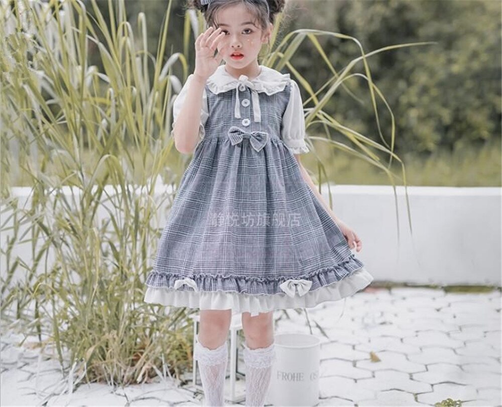 Robe lolita pour filles, tenue vintage, taille haute, avec nœuds, manches courtes/longues, style victorien, kawaii, pour enfants, B817