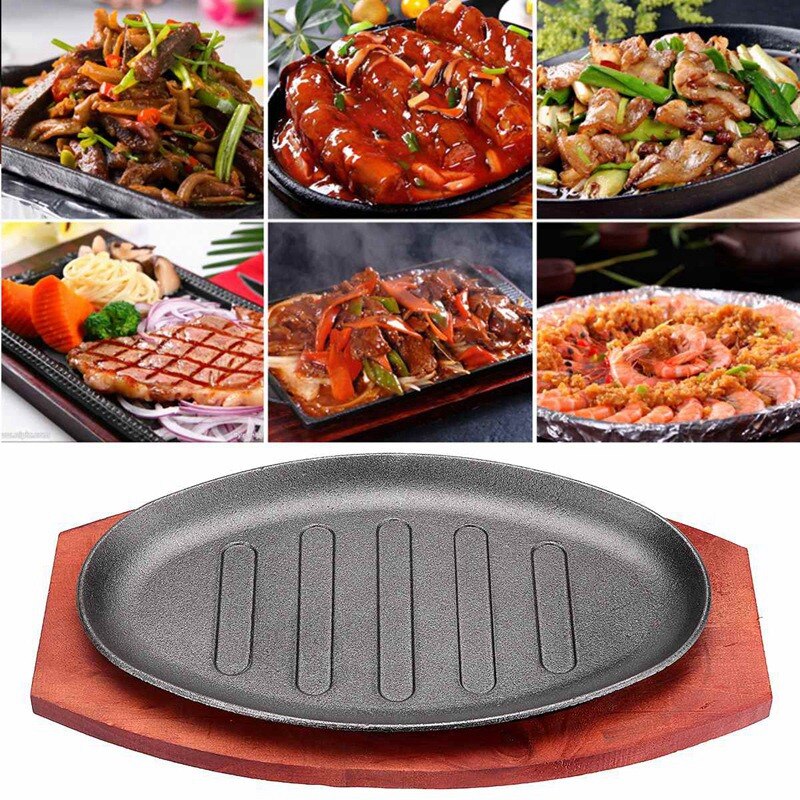 Støpejern stekepanne non stick stekt emalje stekt gryteplate stekepanne med trebunnholder hjemmekokekar 25.5*16.2