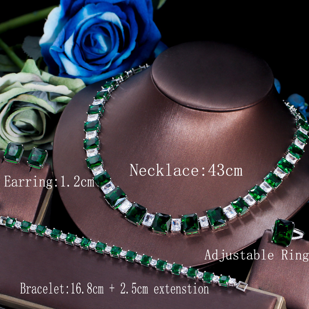 Threegraces 4 Stuks Dark Green Zirconia Geometrische Vierkante Bridal Wedding Party Ketting Sieraden Set Voor Vrouwen TZ687