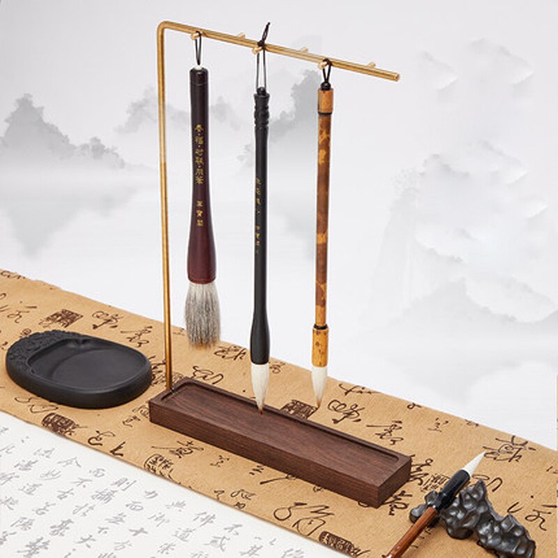 Messing Pen Houder Kalligrafieborstel Pen Hanger 6 Pins Haken Massief Houten Borstel Pen Opknoping Art Kalligrafie Supplies