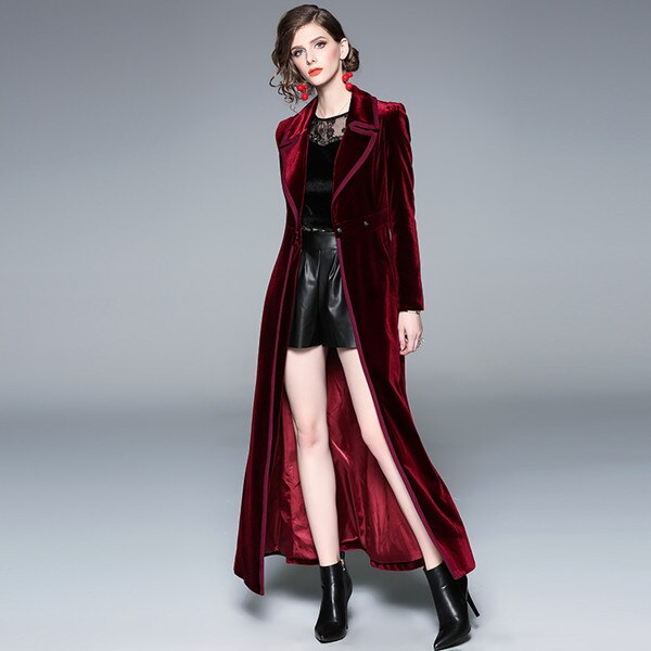 Plus Size 2XL Winter Women Long Sleeve Notched Collar Double-Breasted Gold Velvet Maxi Trench Coat Autumn Outerwear: Burgundy / L