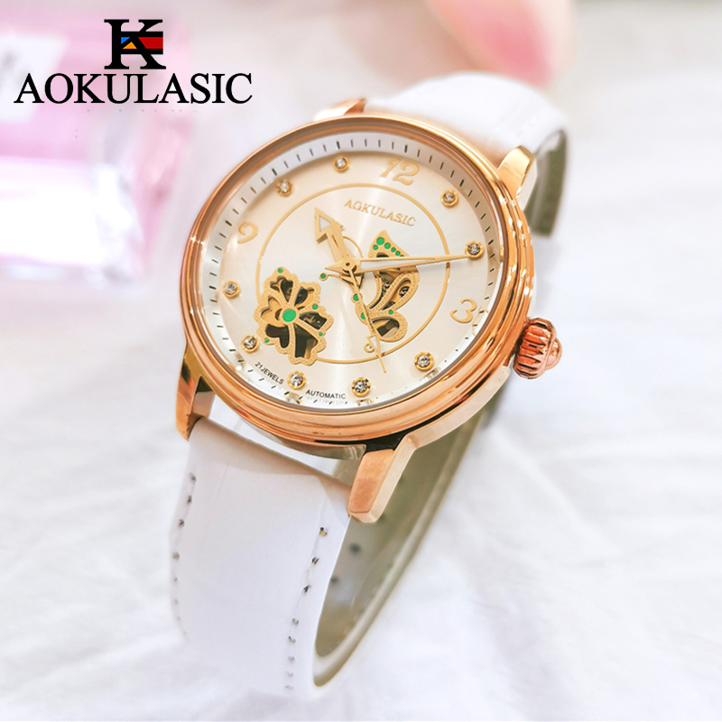 AOKULASIC Elegante dames automatische mechanische horloges Skeleton-horloges Dames luxe horloge van Waterdichte klok: Rose