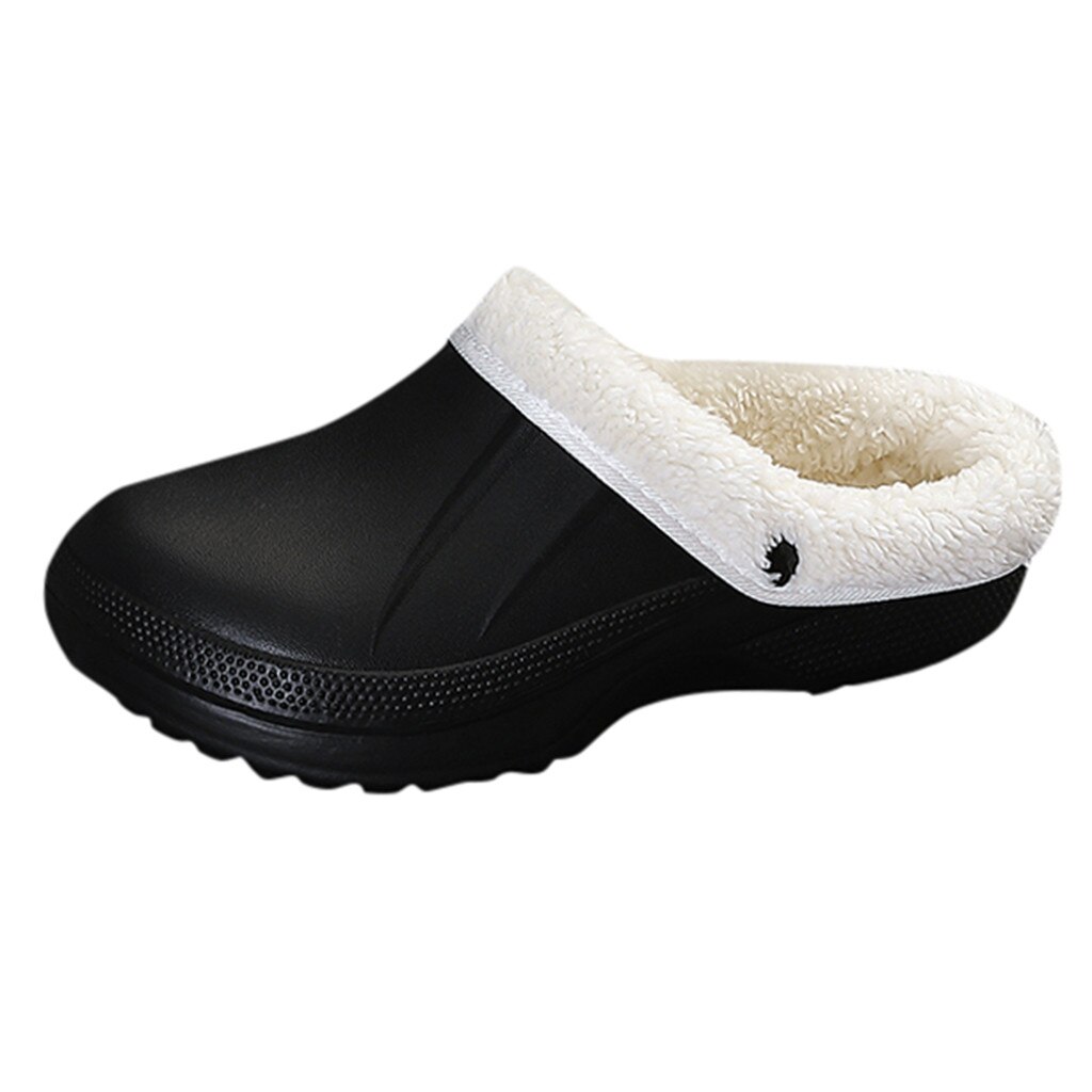 Unisex Warm Lined Slippers Home Waterproof Indoor And Outdoor Garden Shoes Stain Resistant Plus Winter Family Couple Slipper: Black / 39