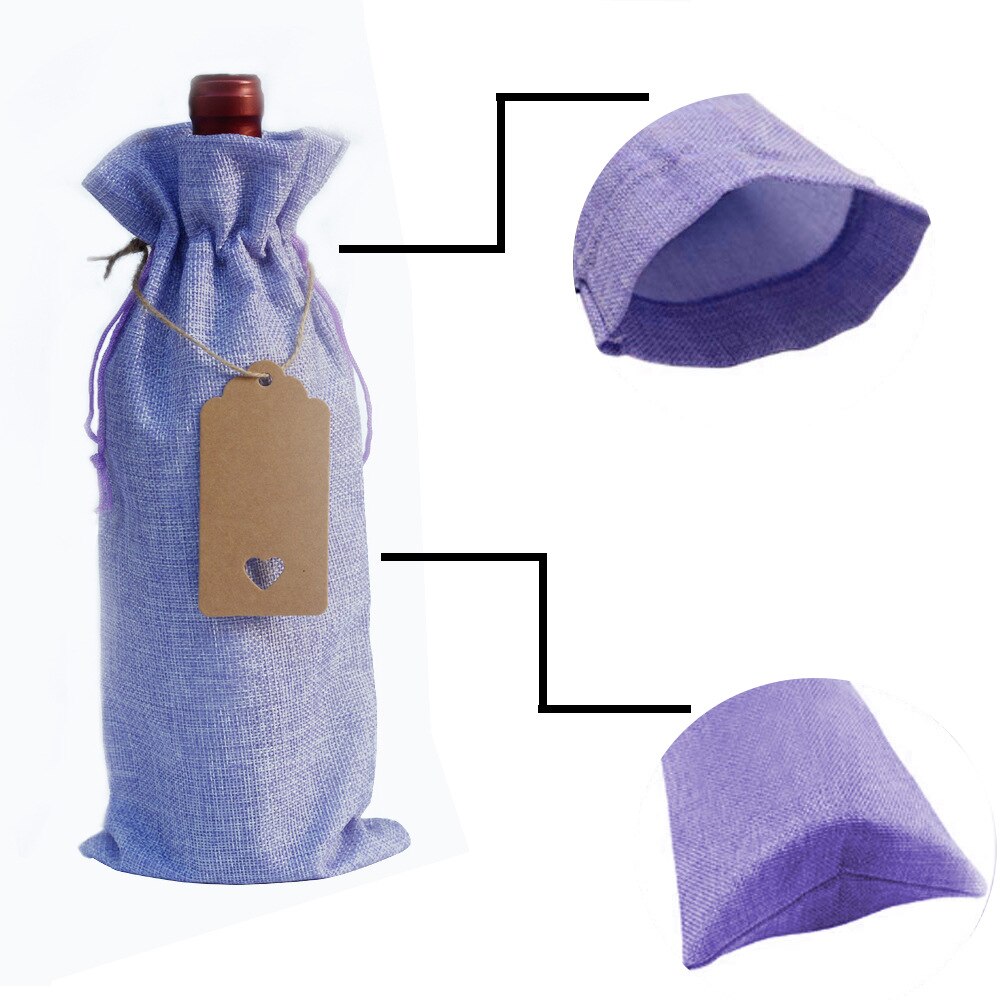 10 pcs/lot bouteille de vin couvre cordon sac avec étiquette coeur ensemble toile de jute pochettes en lin pour noël mariage décoration sac de rangement