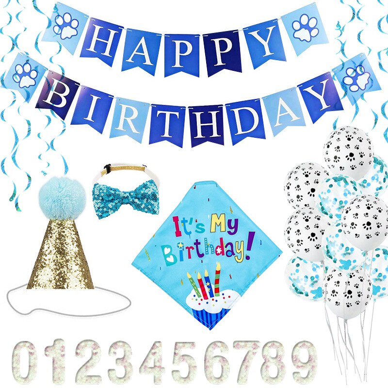 Handmade Dog Birthday Bandana Set Party Pet Pull Flag Triangle Scarf Cake Hat Decoration for DIY Pet Party Supplies: Blue set 4
