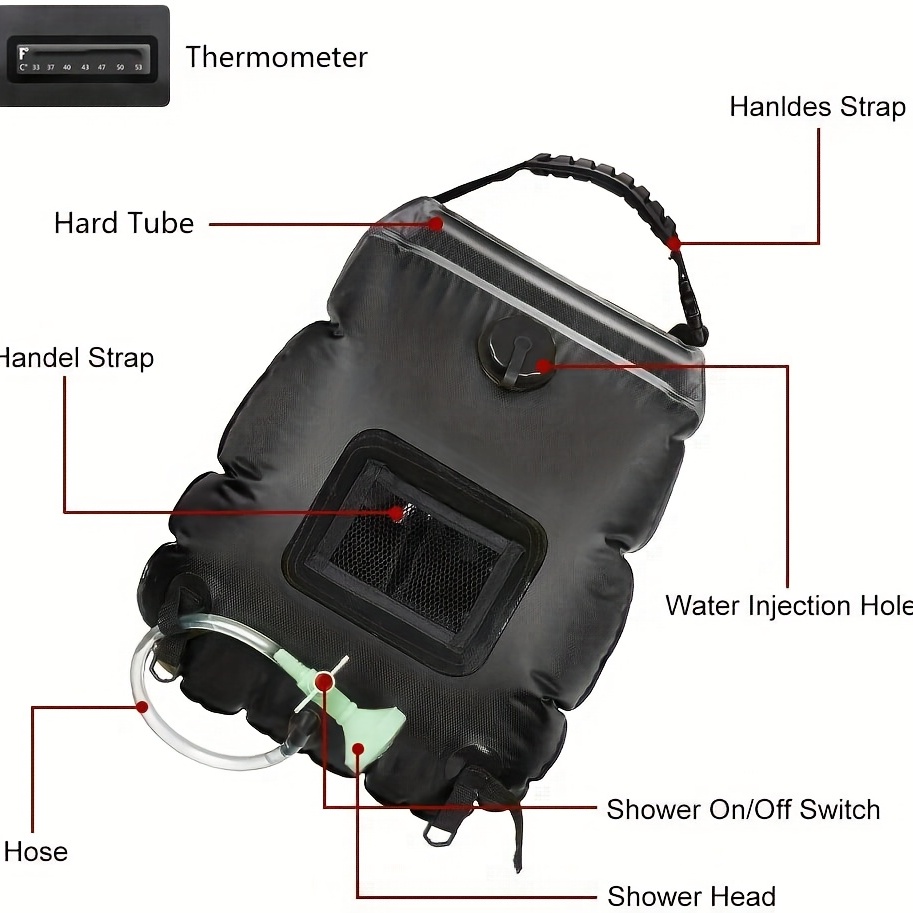 Sac de douche solaire, 5 gallons/20L, chauffage solaire, sac de douche de camping haut de gamme, eau chaude avec température 45 ° C Tuyau amovible marche/arrêt S