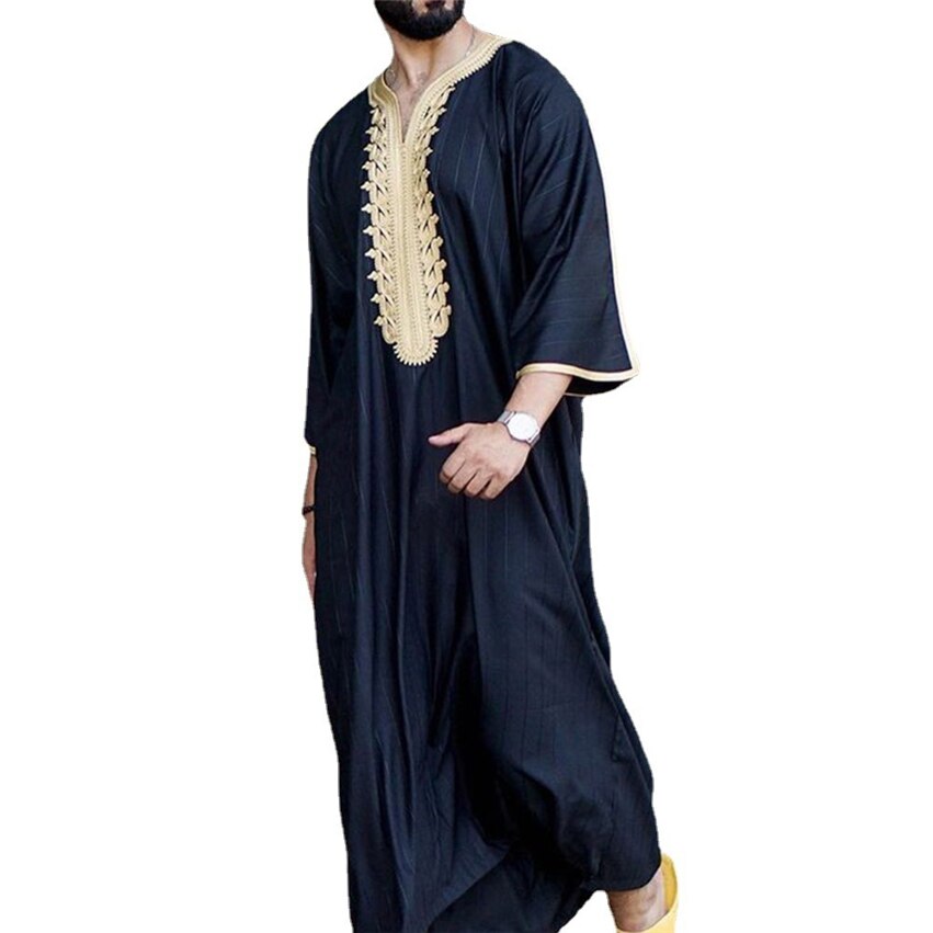 2021 ramadan nova moda caftan muçulmano define abaya homem camisa juventude qamis homme solto casual v-neck cor sólida roupas islâmicas