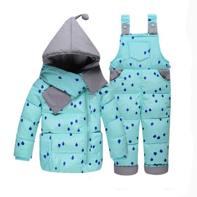 Baby pige vinter dun tøj sæt vinter dot print hætteklædte nyfødte spædbarn bebes carter sne outwear frakke + overalls bukser + tørklæde: Himmelblå