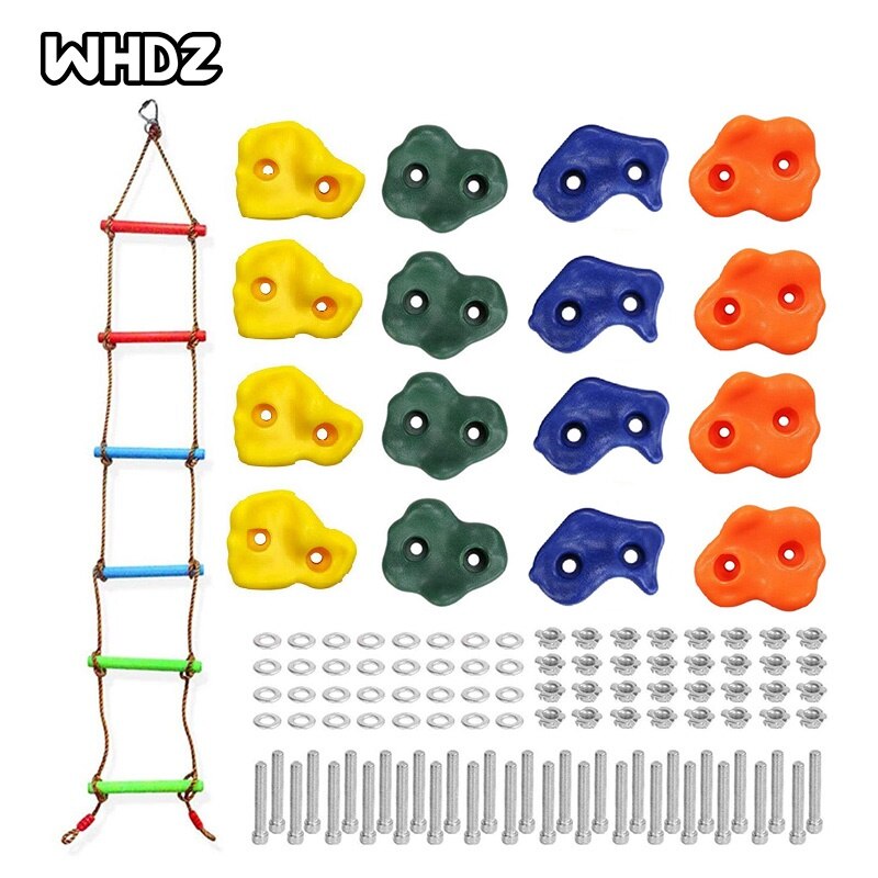 16 Diy Rock Stenen Muur Rotsklimmen Houdt Set Voor Kinderen En Kind Met Klimtouw Ladder En 32 montage Bouten