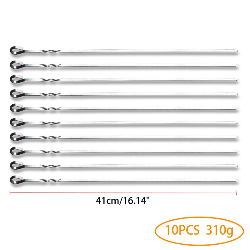 Bbq Spies Rvs Shish Kebab Bbq Vork Set 41Cm 16.15Inch Lange Platte Barbecue Naald Vlees Grill Outdoor gereedschap 6-12 Stuks: 10pcs