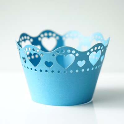 Bruiloft cupcake side 10 stks/pak hartvorm hol papier cupcake omliggende rand bakvormen cake tools wit/blauw/roze/zilver: Blue