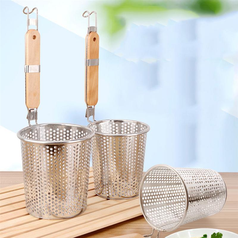 Stainless Steel Strainer Basket Wooden Handle Fine Mesh Spider Food Skimmer Kitchen Sieve for Pasta Dumpling Noodle