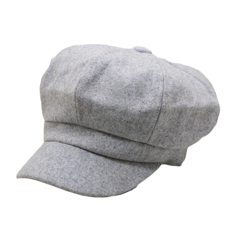 Mulheres Lã quente Chapéu Boina Estilo Britânico Retro Cor Sólida Tampa Octogonal Cap Pintor Jornaleiro Caps Chapéus de Inverno Feminino Grosso Quente viseira: gray