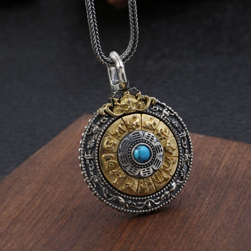 S925 Sterling Zilver Thai Zilver Graveren Zodiac Manjusri Negen Paleis Cirkel Hanger Draaien De Boeddhisme Ronde Ketting