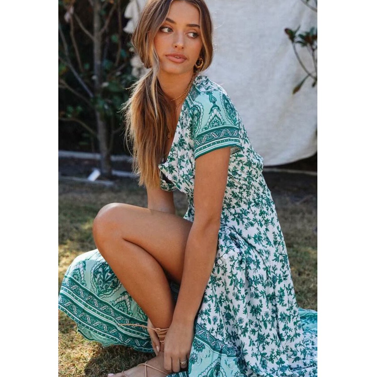 Bloemen Gedrukt Hippie Maxi Jurk Korte Mouwen V-hals Vintage Vestidos Zomer Beach Boho Casual Kleding lange Vrouwen Jurken