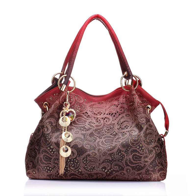 REALER Bolsos De Mujer ahuecados ombre estampado floral bolsos de hombro tipo bandolera bolsos de cuero de pu de las señoras bolso de mensajero de femenina: red
