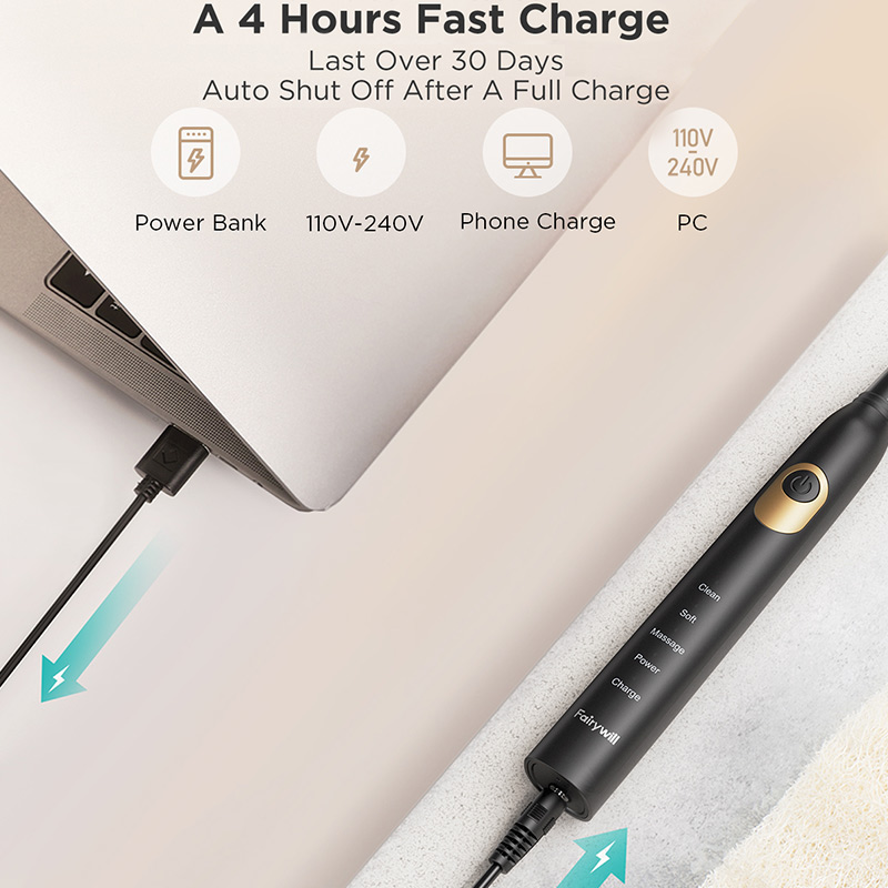 Fairywill Elektrische Zahnbürste Schall- D3 USB Ladung Zahnbürsten Wasserdicht 3 BrushHeads 1 Interdentalbürste Niedrigen Batterie Anzeige