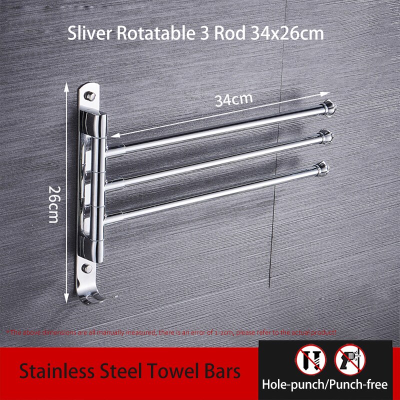 Rotatable Rod Towel Hanger Bar Punch-Free Stainless Steel Wall Shower Hanging Movable Holder Rack Bathroom Accessories 00TB0302: 3 Pole Long 34cm