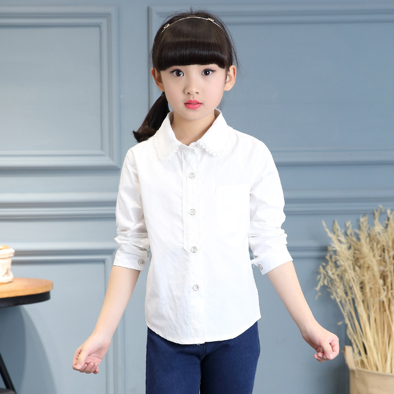 Kinderen witte blouses voor meisjes shirts katoen lange mouwen studenten schooluniformen lente kindertops 4 5 7 8 9 11 12 jaar: 4t