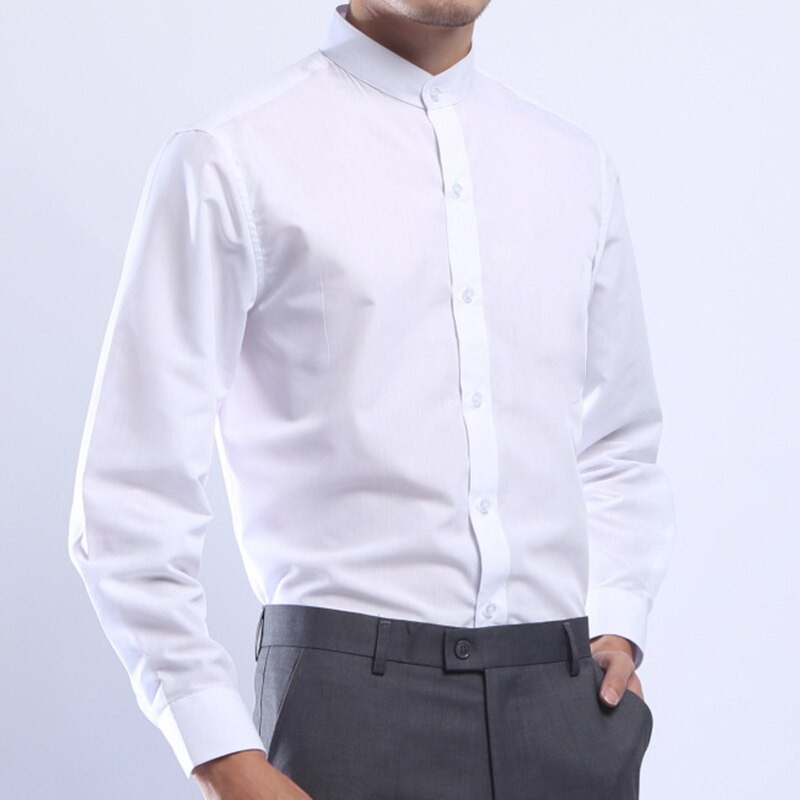 Men Mandarin Stand Collar White Dress Shirt Long Sleeve Chinese Style Single Breasted: M