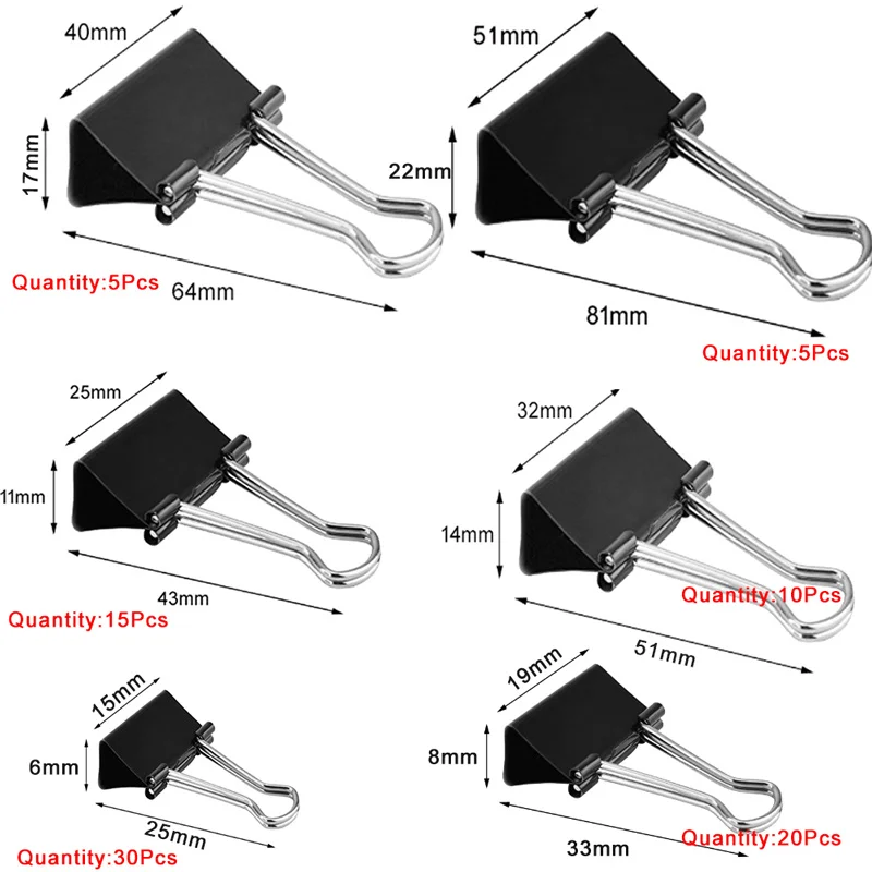 Clips de carpeta de 5-30 Uds., Clips traseros plegables de Metal, abrazadera de Clip de papel pequeña de 15/19/25/32/41/51mm, Clip de oficina para el hogar, escuela, almacenamiento de oficina