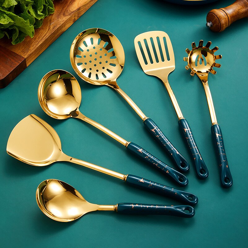 Stainless Steel Cookware Set Gold Cooking Pot Accessories Set Non Stick Spatula Shovel Spoon Kitchen Utensils Luxury Kitchenware: 6 pcs Green
