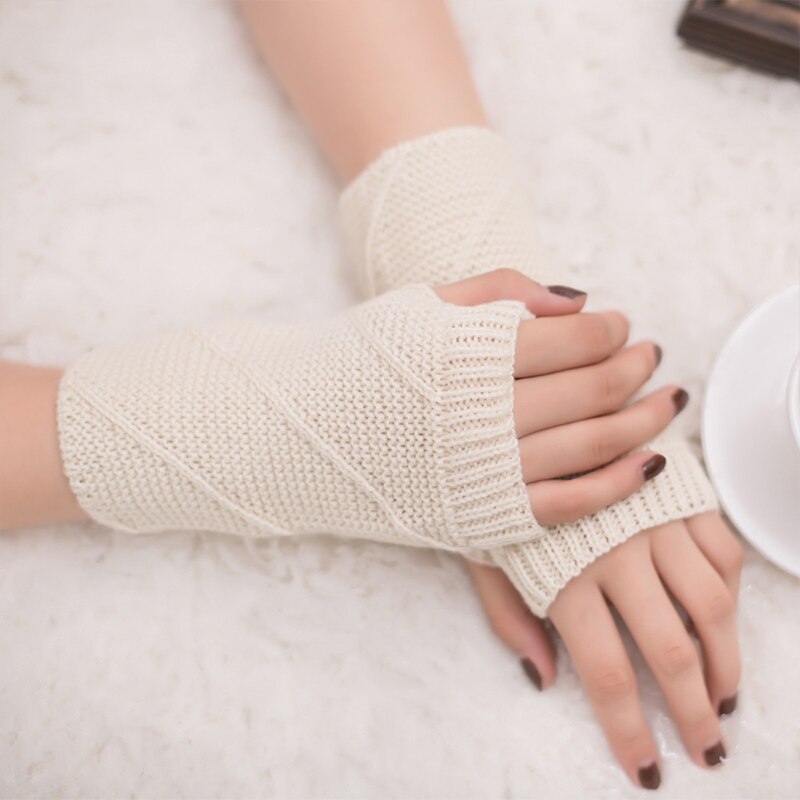 Femme mignon couleur unie gants doux au Crochet à tricoter épais hiver gants sans doigts demi doigt facile à taper gants extensibles: WHITE