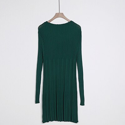 Knit Sweater Dress Women Autumn Winter Solid Stand Collar Long Sleeve Knitted Dress Sweater Vestidos Women Clothing: Green