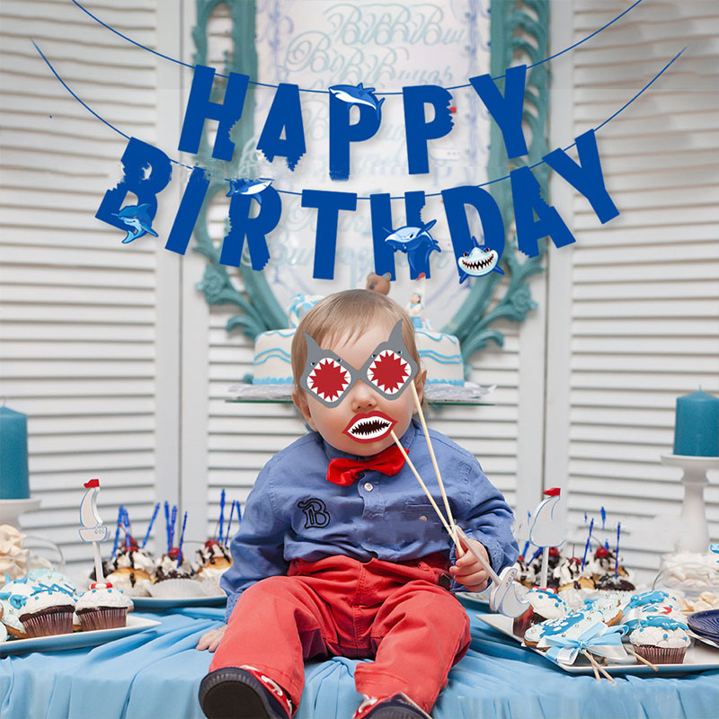 25pcs Shark Theme Birthday Photo Booth Props Ocean SharkAdult Kids Baby Happy Birthday Party Decor Camera Shooting Props Suppli